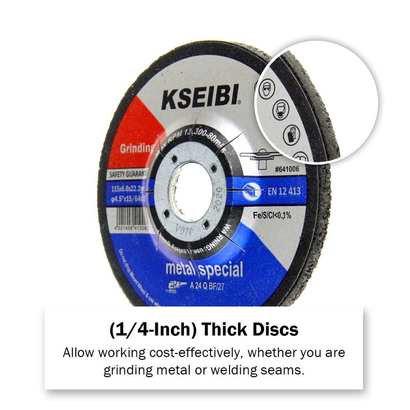 KSEIBI 651006 Grinding Wheels 10-Pack, Aluminum Oxide Discs for Metal & Stainless Steel, 4-1/2" x 1/4" x 7/8", Aggressive Grinding for Angle Grinders, Depressed Center Design - Image 3